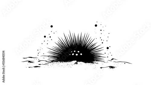 A sea urchin sits on a sandy seafloor, surrounded by small particles of marine material, Animal Digital Art