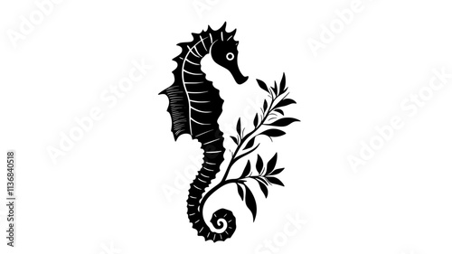 Seahorse clinging to an underwater plant, tail wrapped around the stem for support, Animal Digital Art