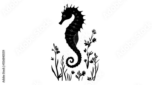 Seahorse swimming upright through clear water, tail trailing behind, Animal Digital Art