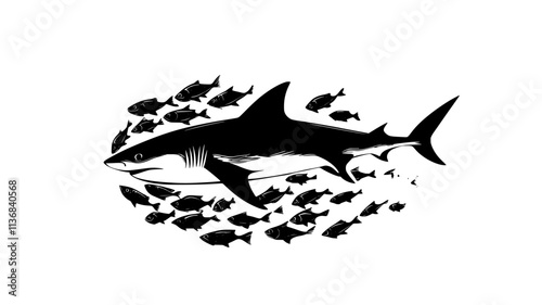 Shark approaching a bait ball of fish in the open ocean, Animal Digital Art