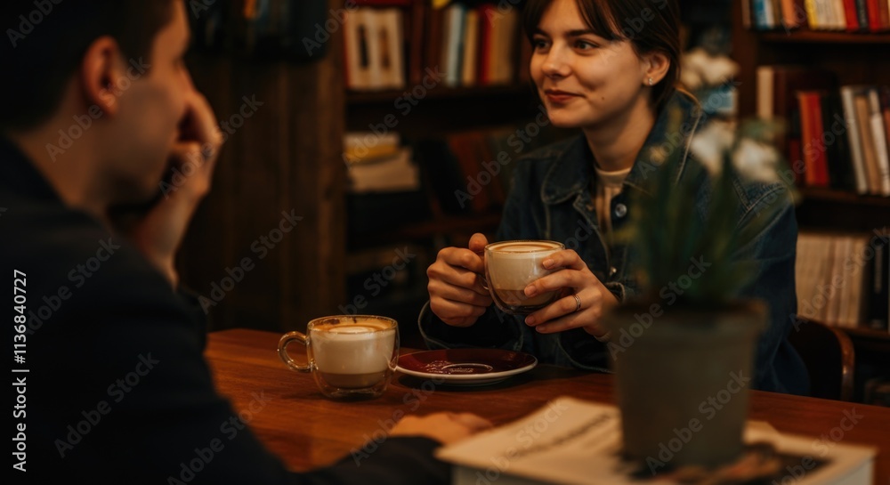 Young caucasian man and woman enjoying coffee in cozy café setting Young caucasian man and woman enjoying coffee in cozy café setting