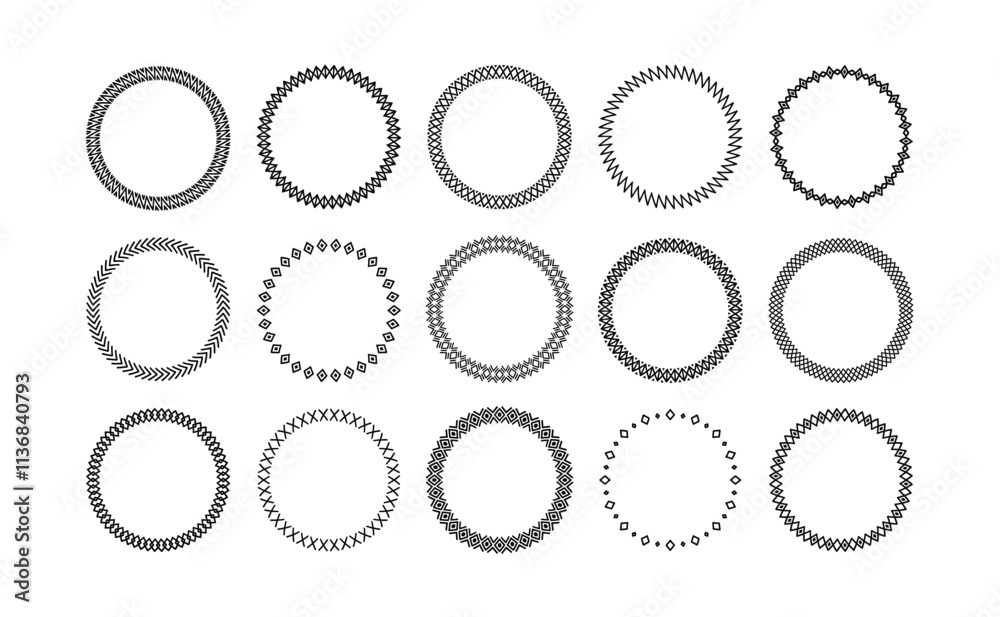 Simple geometric line circle frames. Minimalist decorative circular border designs with geometric patterns, zigzags, diamonds and grid lines for badge and label designs. vector set.