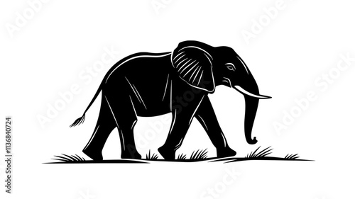 Single elephant walking slowly across flat terrain, trunk swinging slightly, Animal Digital Art