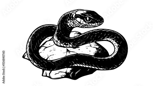 Snake coiled tightly around a rock, with its head resting on its body, Animal Digital Art