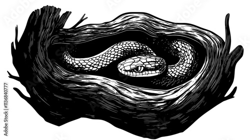 Snake curled up inside a hollow tree trunk, its head peeking out cautiously, Animal Digital Art