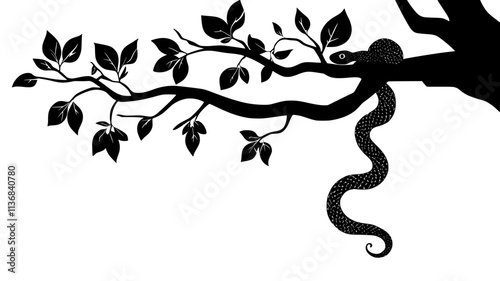 Snake hanging from a tree branch, its body dangling downward in a spiral pattern, Animal Digital Art