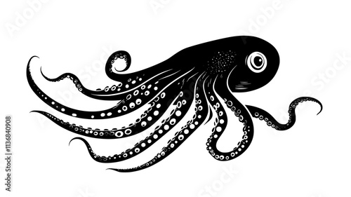 Squid hovering near ocean floor, tentacles extending outward, Animal Digital Art