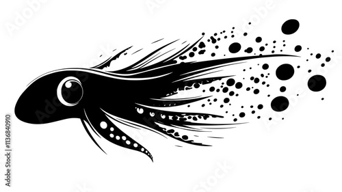 Squid using jet propulsion to swim, leaving a trail of bubbles behind, Animal Digital Art