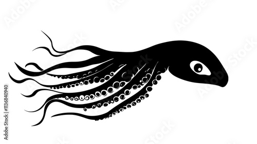 Squid swimming in open water, fins spread wide, tentacles trailing, Animal Digital Art