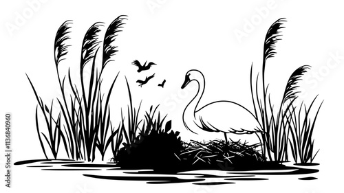 Swan building a large nest platform of reeds in a marsh, Animal Digital Art