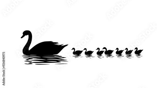 Swan floats beside a group of ducks, moving slowly across the water, Animal Digital Art