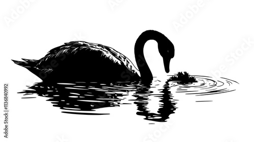 Swan lowers its head into the water, searching for food below the surface, Animal Digital Art