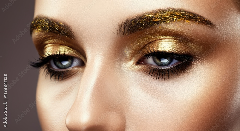 Close-up of female eyes with gold glitter makeup and lush eyelashes Close-up of female eyes with gold glitter makeup and lush eyelashes