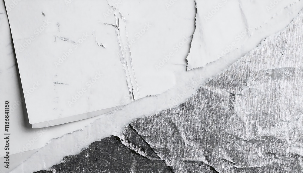 Fototapeta premium Old white grunge ripped torn collage posters creased crumpled paper placard texture background with copy space for text or image Torn street poster background, abstract retro paper collage