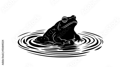 Toad sitting in a small puddle, with its head and back just above the water, Animal Digital Art