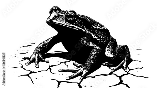 Toad sitting still on dry, cracked ground, its body resting flat on the surface, Animal Digital Art