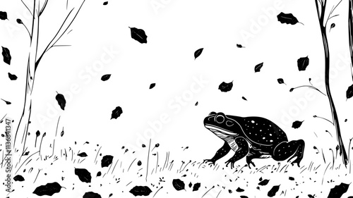 Toad walking slowly across a forest floor covered in fallen leaves and small twigs, Animal Digital Art