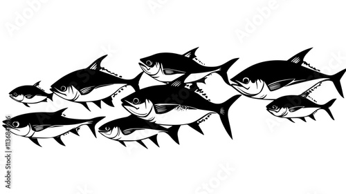 Tuna moving in a school with other fish, all swimming in the same direction, Animal Digital Art