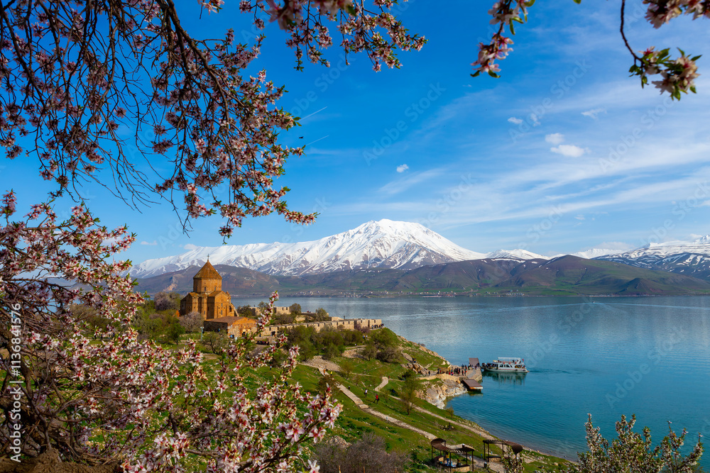 Akdamar Island in Van Lake. The Armenian Cathedral Church of the Holy Cross - Akdamar, Turkey