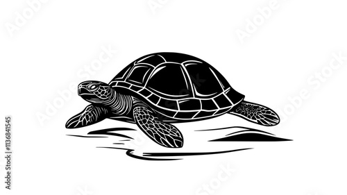 Turtle sitting on a flat rock, its head and legs extended outward from its shell, Animal Digital Art