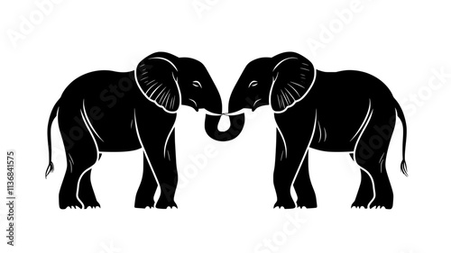 Two elephants standing close, trunks touching in interaction, Animal Digital Art