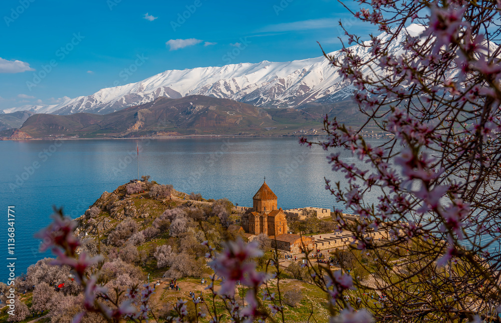 Akdamar Island in Van Lake. The Armenian Cathedral Church of the Holy Cross - Akdamar, Turkey