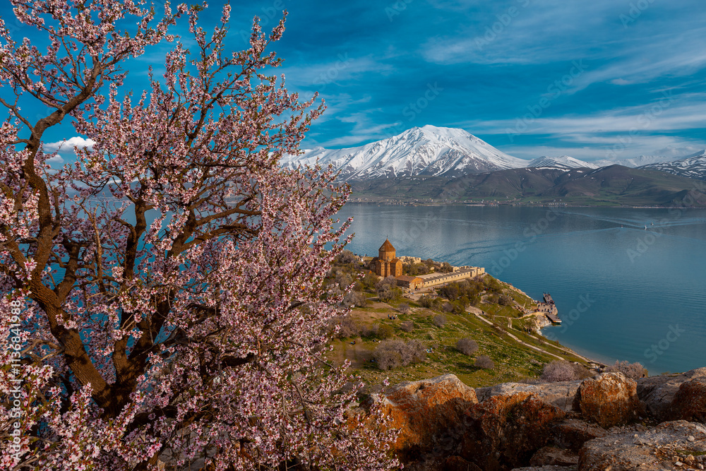 Akdamar Island in Van Lake. The Armenian Cathedral Church of the Holy Cross - Akdamar, Turkey