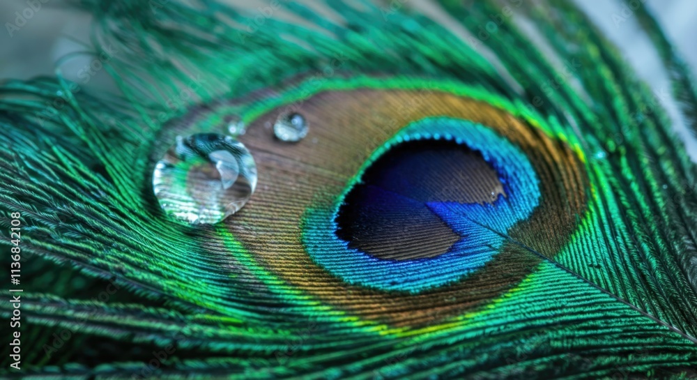 Naklejka premium Vibrant peacock feather with water droplet highlighting exquisite colors