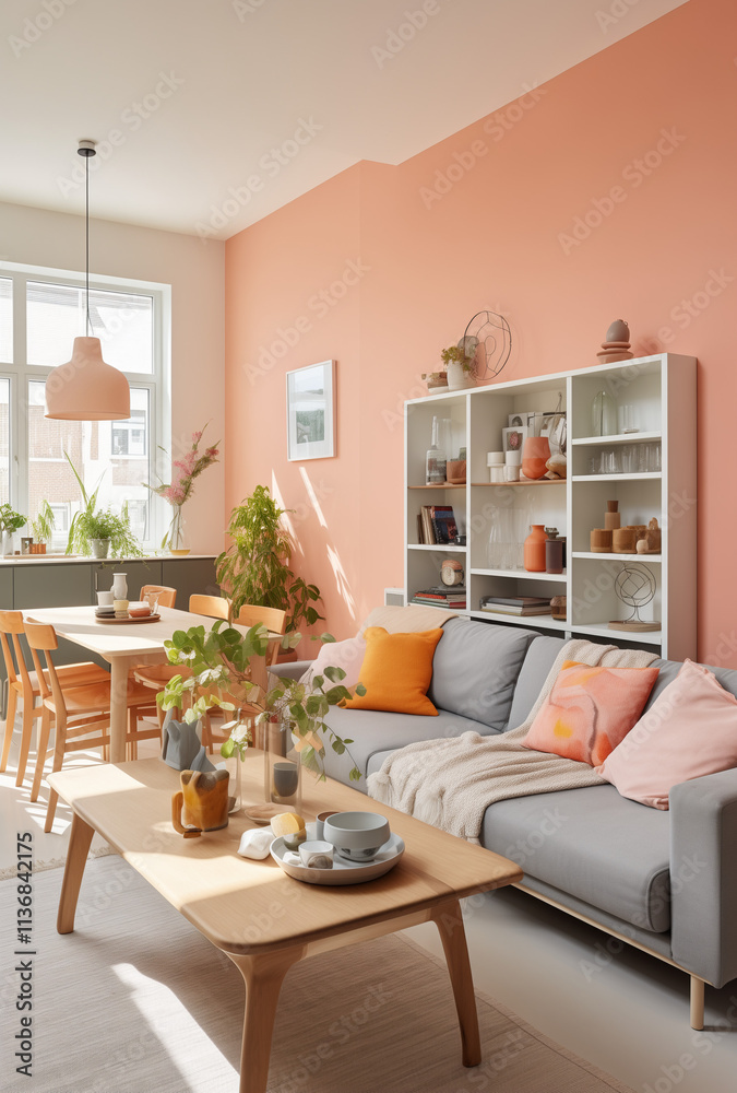 Fototapeta premium MOdern living room with big sofa, coffee table and big window.