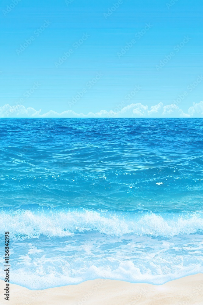 Vibrant blue ocean waves lapping against a sandy beach on a clear sunny day. Vibrant blue ocean waves lapping against a sandy beach on a clear sunny day.