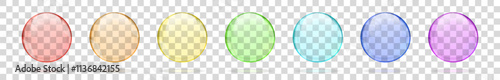 Collection of rainbow colored transparent round bubbles or spheres with glares, shadow and transparency, on checkered background. Vector illustration