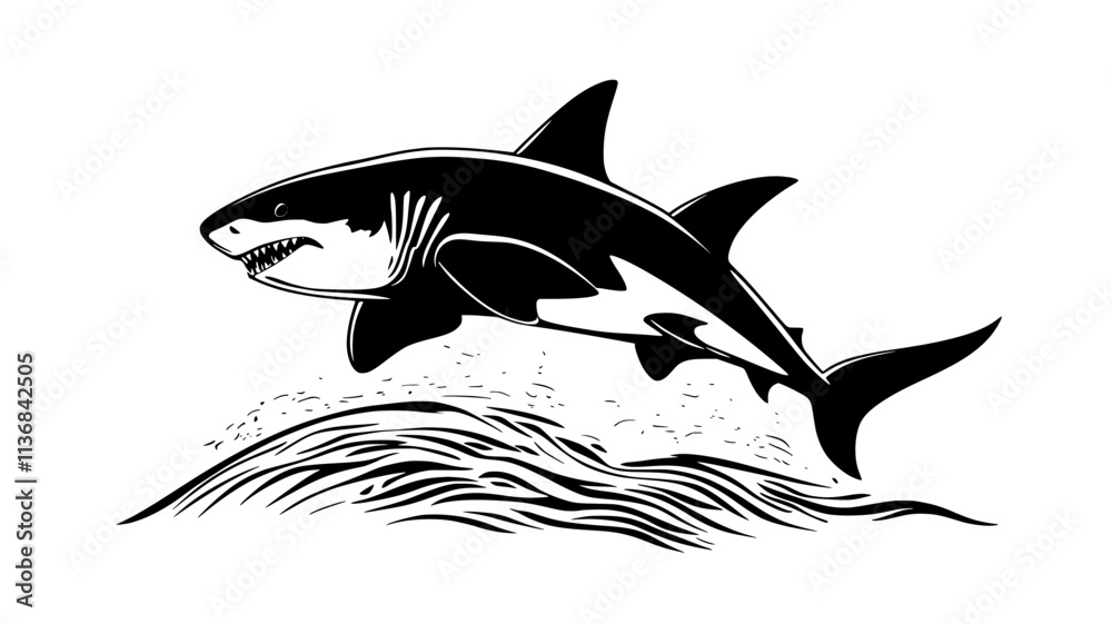 Fototapeta premium Shark breaching the water surface to catch prey, Vectorized Animal Art