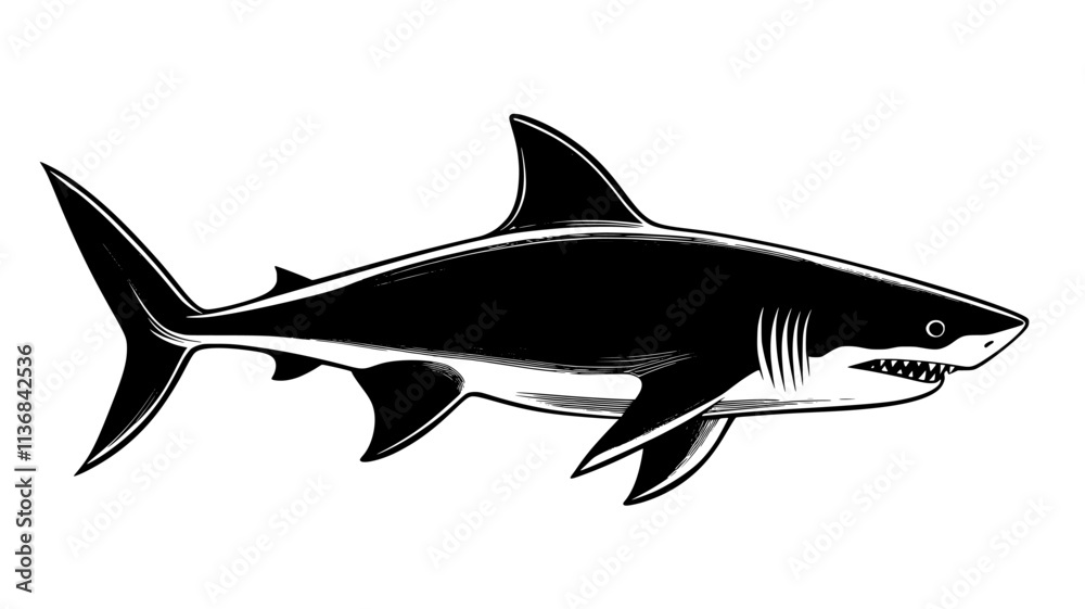 Fototapeta premium Shark passing near a large school of fish, swimming through open water, Vectorized Animal Art