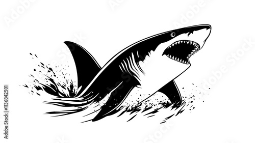 Shark breaching water surface while hunting prey, Vectorized Animal Art