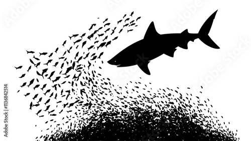 Shark approaching a bait ball of fish in the open ocean, Vectorized Animal Art
