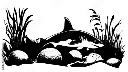 Shark pup emerging from egg case on the sea floor, Vectorized Animal Art