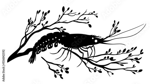 Shrimp feeding on algae growing on a submerged tree branch, Vectorized Animal Art