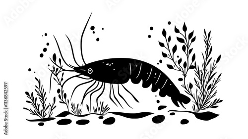 Shrimp moving through seaweed in shallow water, Vectorized Animal Art