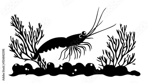 Shrimp swimming near coral reef, legs and antennae visible, Vectorized Animal Art