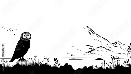Snowy owl camouflaged against the arctic tundra landscape, Vectorized Animal Art