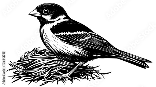 Sparrow gathering nesting material in beak from the ground, Vectorized Animal Art