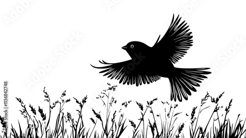 Sparrow flying low over a grassy field, wings moving in short bursts, Vectorized Animal Art