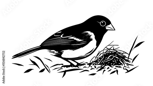 Sparrow gathering nesting material in beak from the ground, Vectorized Animal Art
