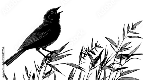 Song sparrow perched on a reed, singing with its beak open, Vectorized Animal Art