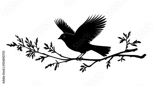 Sparrow fluttering between two branches, adjusting wings in midair, Vectorized Animal Art