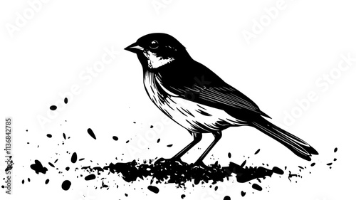 Sparrow standing on the ground, pecking at grains scattered across the dirt, Vectorized Animal Art