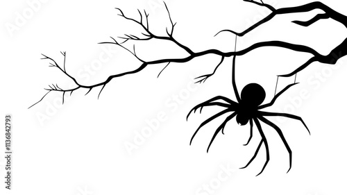 A spider descends from a tree branch, supported by a single silk thread, Vectorized Animal Art