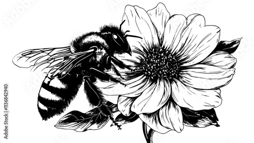 The bee crawls across the petals of a flower, brushing against pollen grains, Vectorized Animal Art