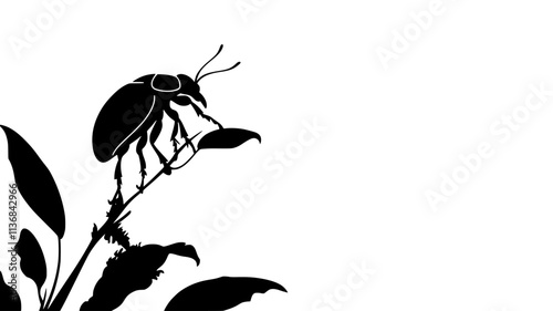 The beetle clings to a plant stem, moving upward toward the top, Vectorized Animal Art