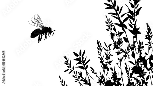 The bee enters a small opening in a plant, seeking out hidden nectar, Vectorized Animal Art